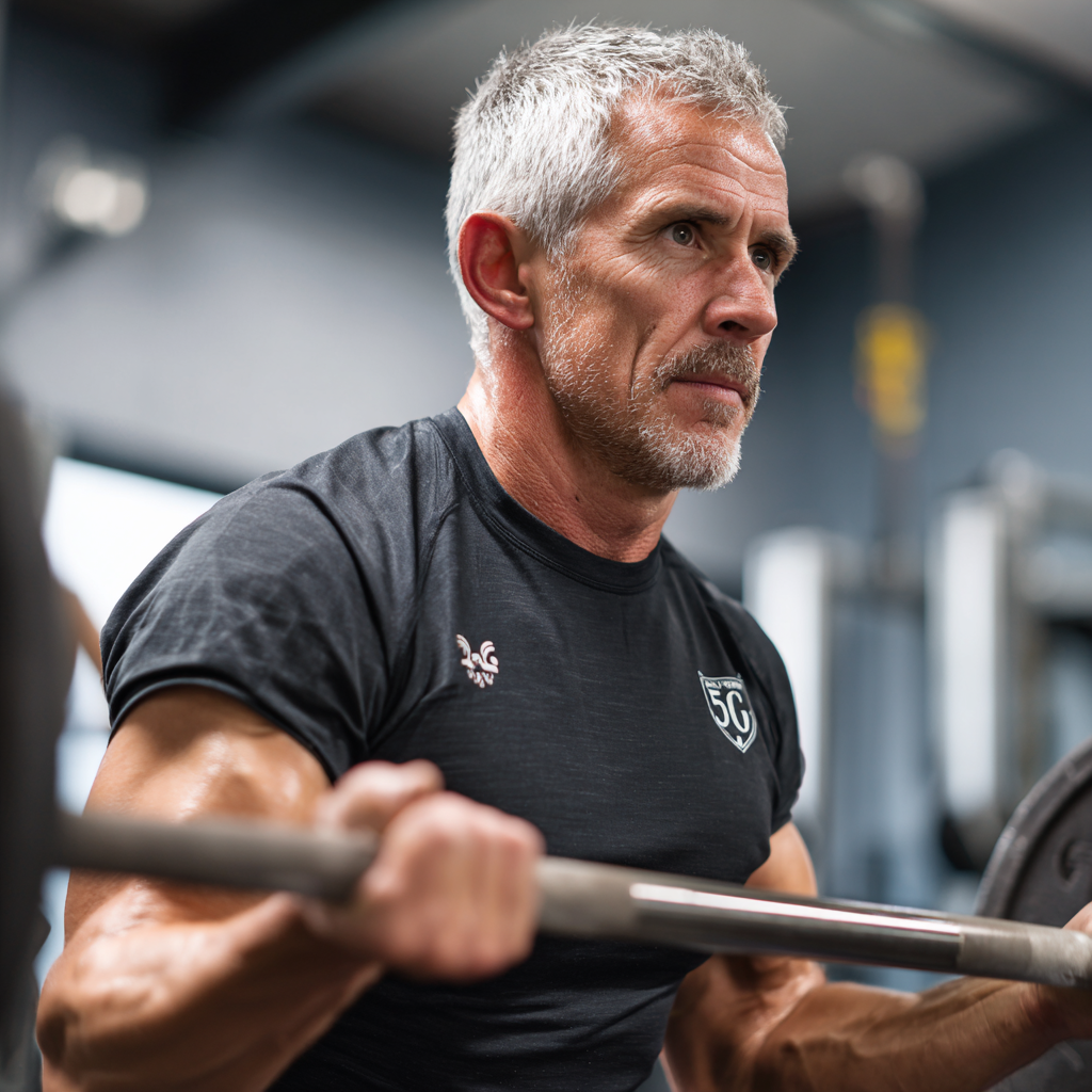 52 years old adult performing strength training exercises with proper supervision