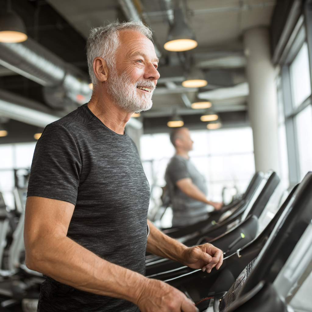 53 years old person enjoying cardio workout in bright fitness environment
