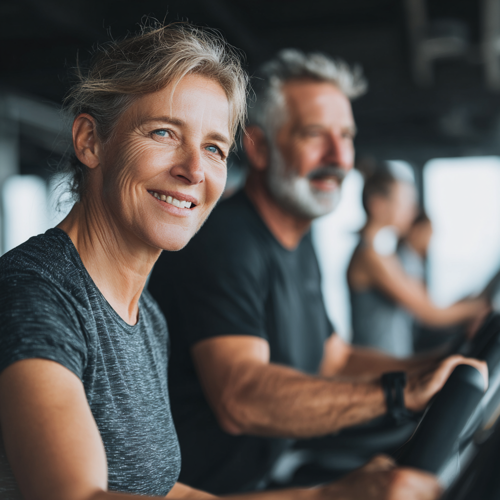 Confident 51 years old adults at cardio training in modern gym