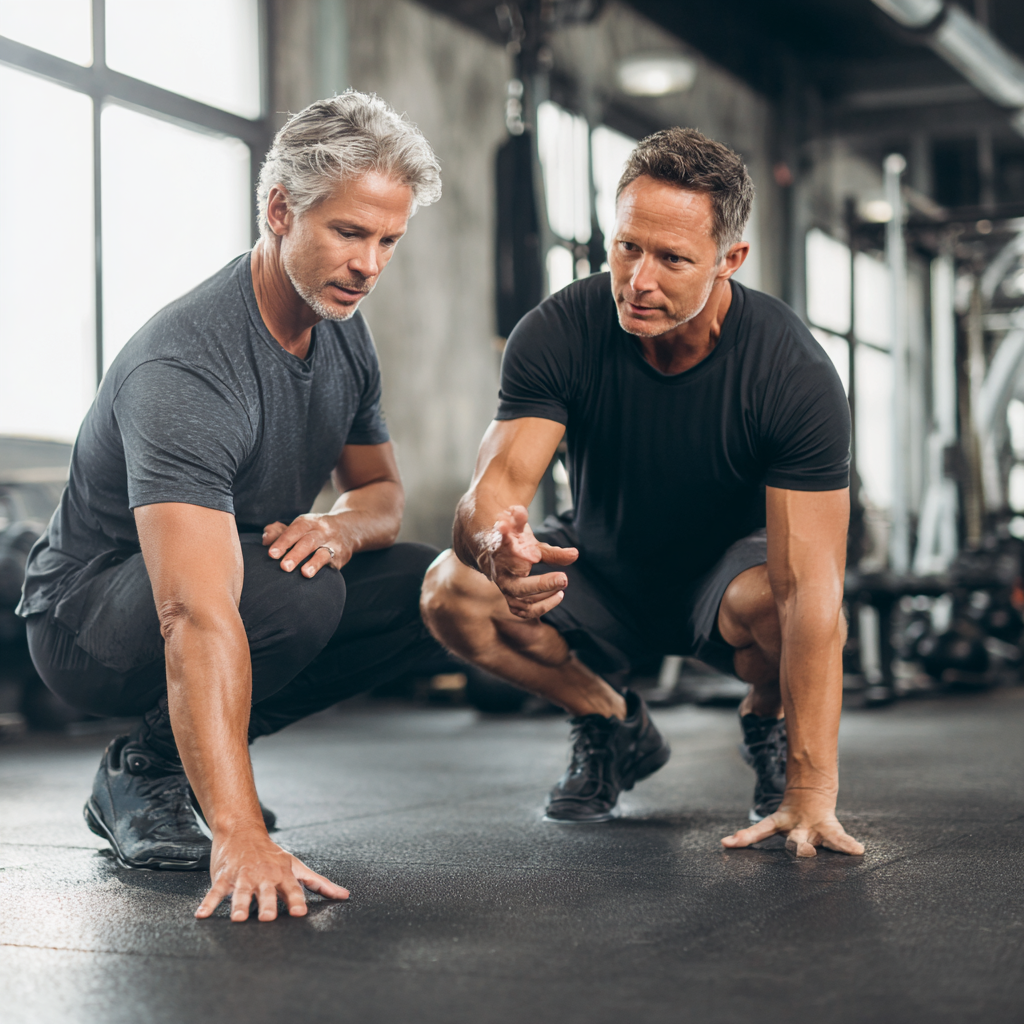 Experienced 50 years old fitness trainer demonstrating proper form to mature adult client